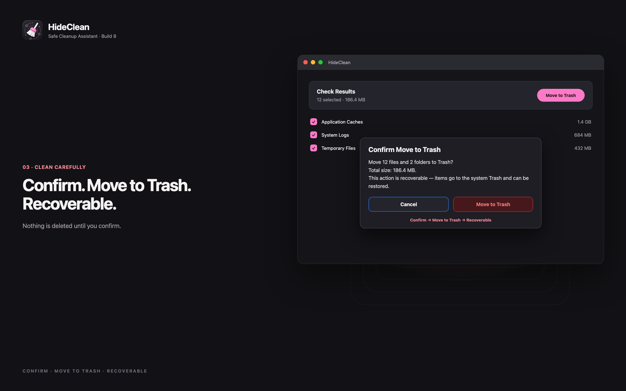 HideClean safety — confirm, then move to Trash
